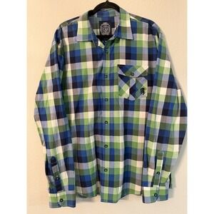 Ecko Unltd. Men's Size  XL Button Up Cotton Shirt Blue, Green, White Plaid Logo